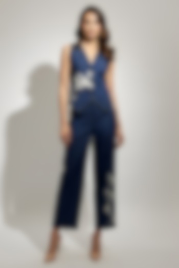 Navy Cotton Printed & Embroidered Co-Ord Set by Eshaani Jayaswal at Pernia's Pop Up Shop