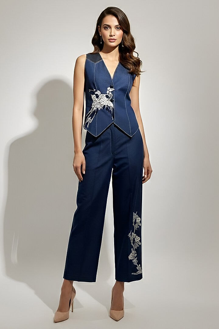 Navy Cotton Printed & Embroidered Co-Ord Set by Eshaani Jayaswal at Pernia's Pop Up Shop