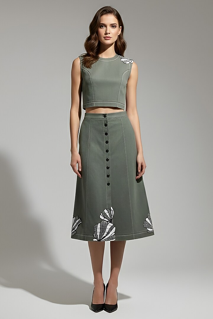 Olive Stretch Denim Floral Patch Embroidered A-Line Midi Skirt Set by Eshaani Jayaswal at Pernia's Pop Up Shop