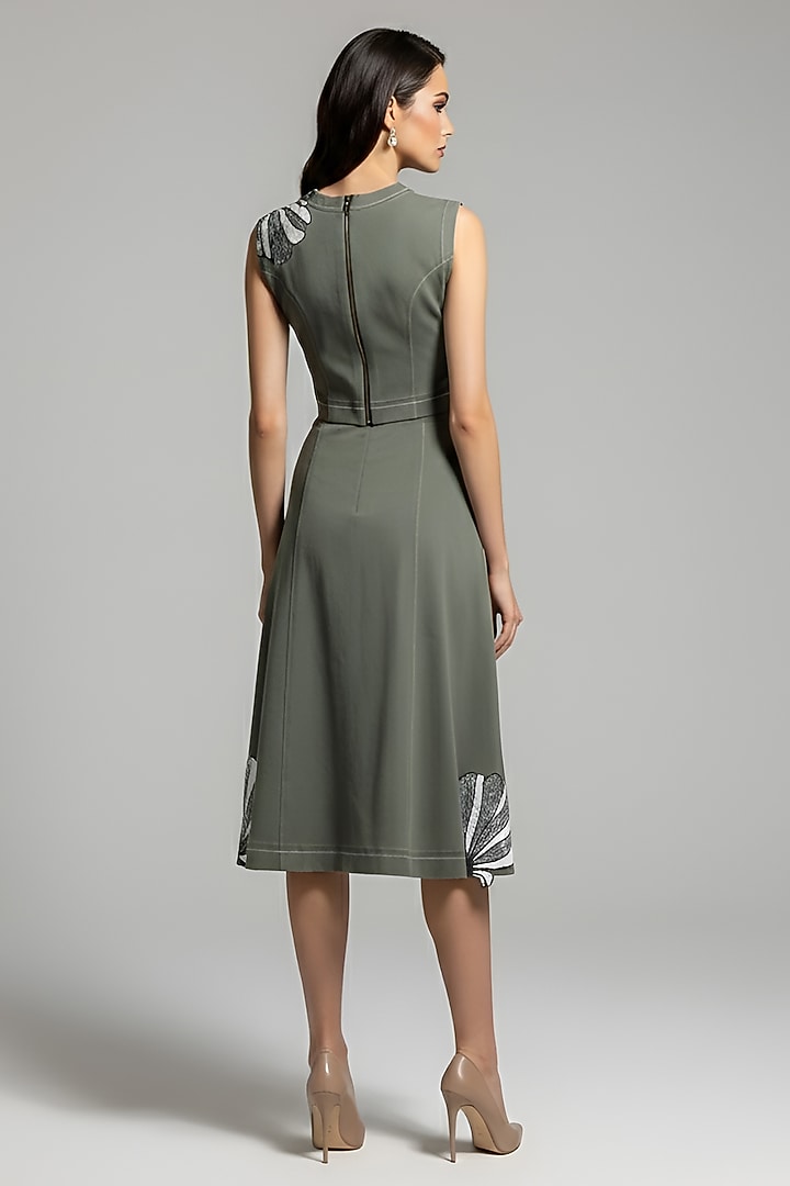 Olive Stretch Denim Floral Patch Embroidered A-Line Midi Skirt Set by Eshaani Jayaswal at Pernia's Pop Up Shop