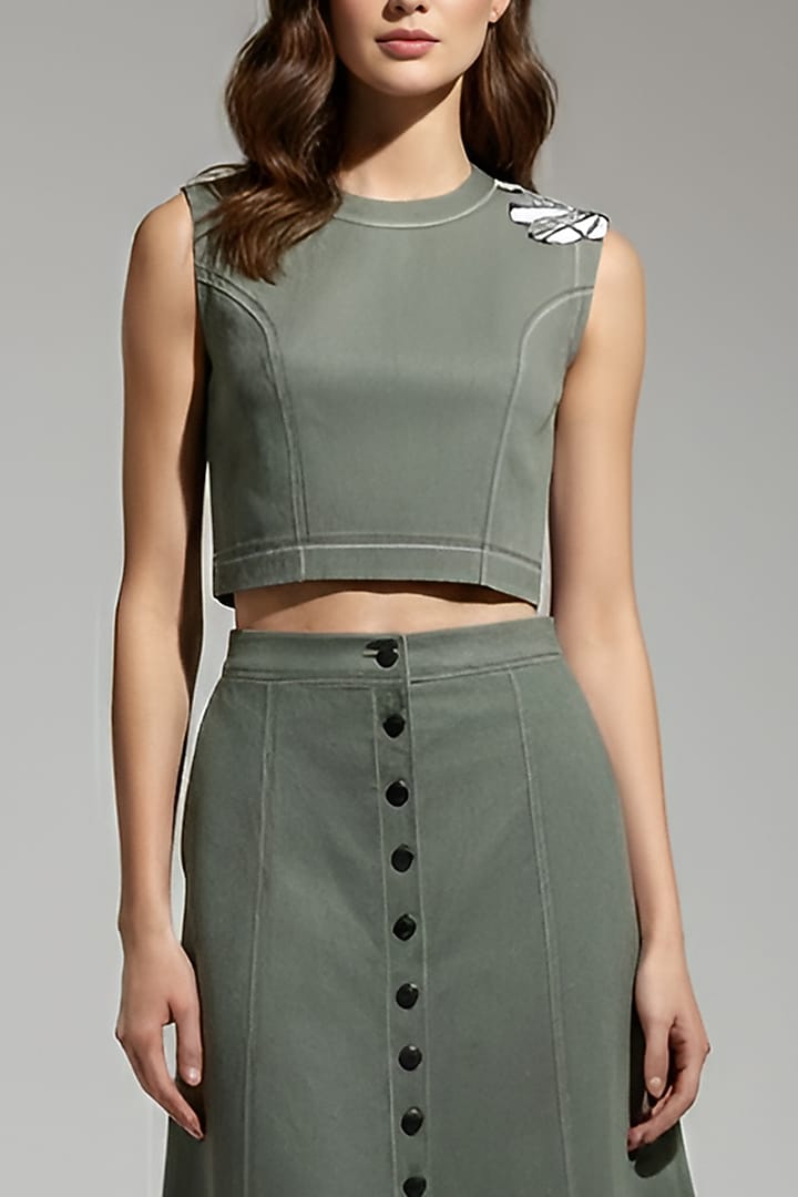 Olive Stretch Denim Floral Patch Embroidered A-Line Midi Skirt Set by Eshaani Jayaswal at Pernia's Pop Up Shop