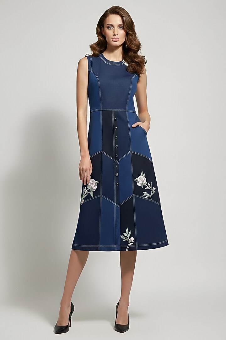 Dark Blue Stretch Denim Floral Patch Embroidered A-Line Midi Cocktail Dress by Eshaani Jayaswal at Pernia's Pop Up Shop