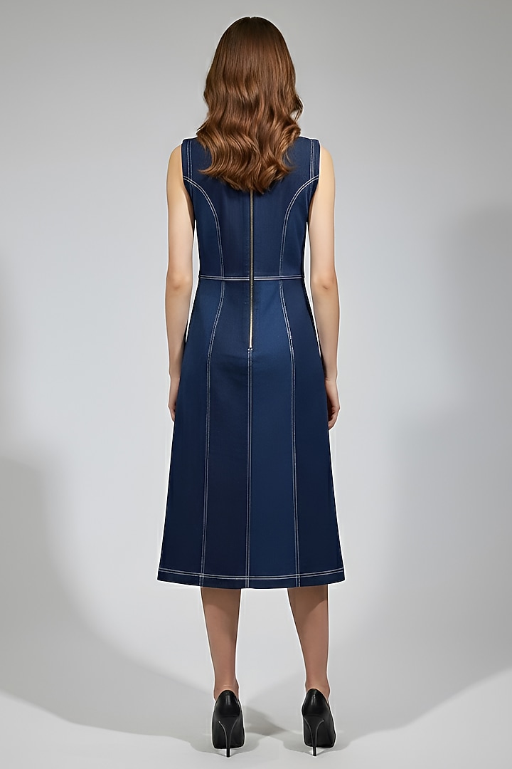 Dark Blue Stretch Denim Floral Patch Embroidered A-Line Midi Cocktail Dress by Eshaani Jayaswal at Pernia's Pop Up Shop