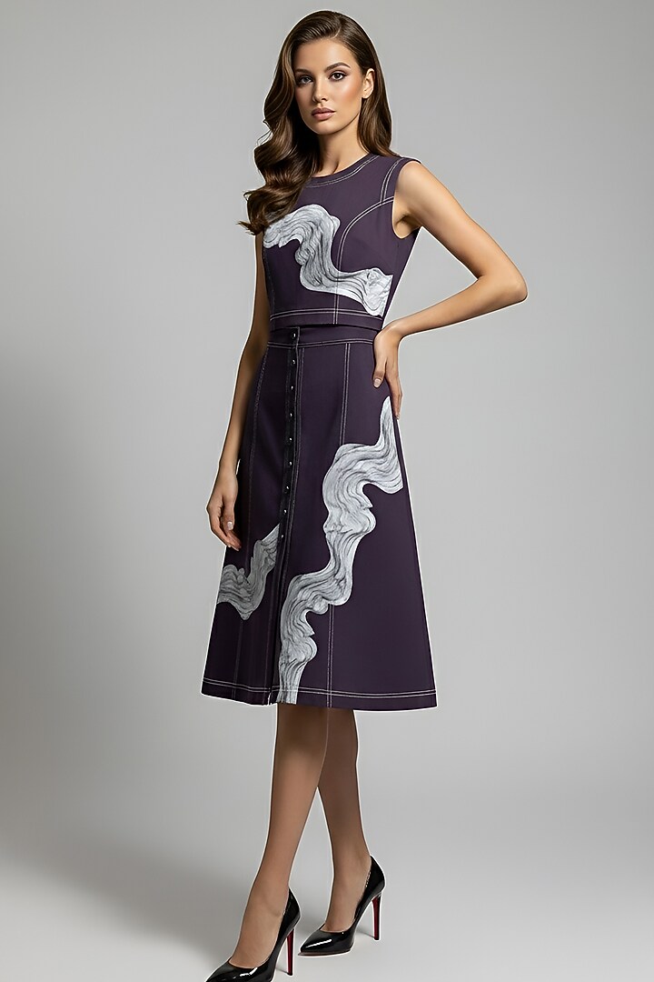 Wine Stretch Denim A-Line Midi Skirt Set by Eshaani Jayaswal at Pernia's Pop Up Shop