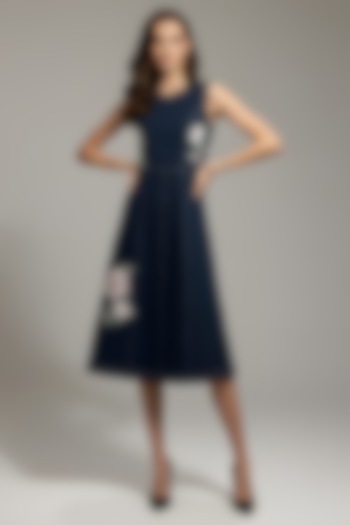 Turquoise Stretch Denim Floral Patch Embroidered A-Line Midi Vacation Dress by Eshaani Jayaswal at Pernia's Pop Up Shop