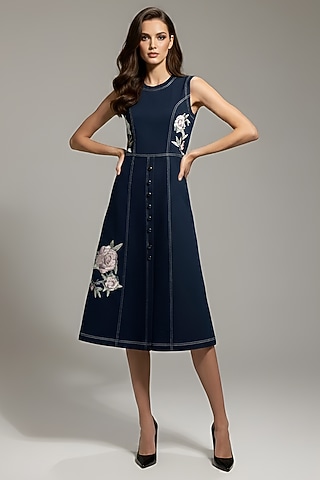 Blue Stretch Denim Floral Patch Embroidered A-Line Midi Dress by Eshaani Jayaswal