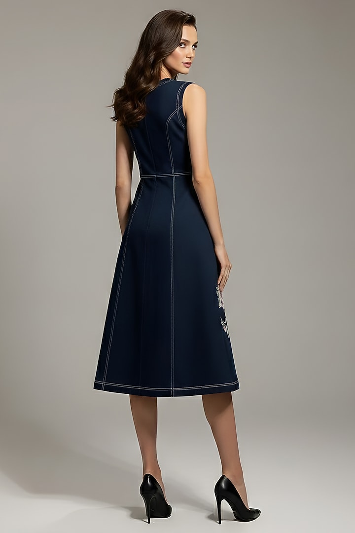 Blue Stretch Denim Floral Patch Embroidered A-Line Midi Vacation Dress by Eshaani Jayaswal at Pernia's Pop Up Shop