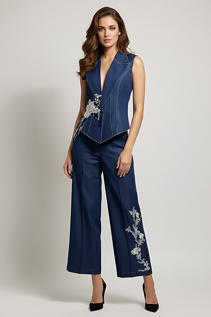 Dark Navy Cotton Printed & Embroidered Co-Ord Set by Eshaani Jayaswal at Pernia's Pop Up Shop