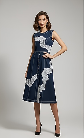 Blue Stretch Denim A-Line Midi Dress by Eshaani Jayaswal