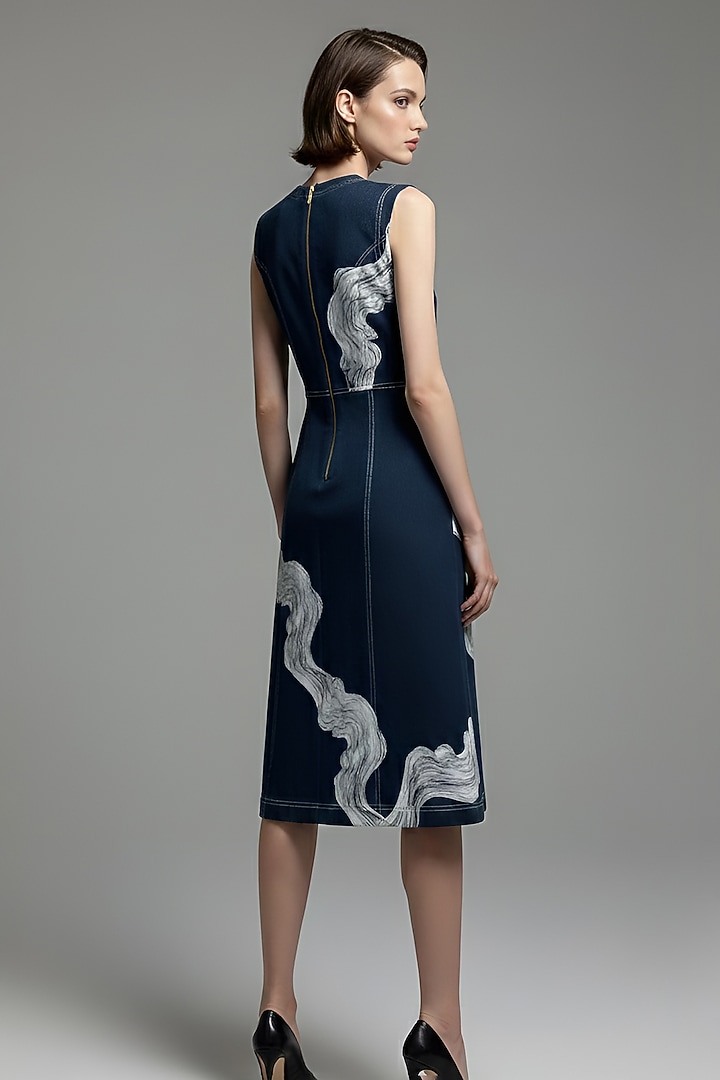 Blue Stretch Denim A-Line Midi Cocktail Dress by Eshaani Jayaswal at Pernia's Pop Up Shop
