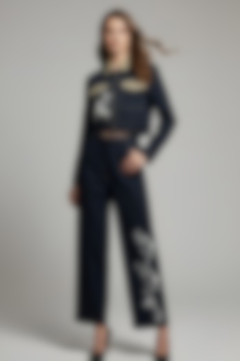 Black Stretch Denim Floral Patch Embroidered Jacket Set by Eshaani Jayaswal at Pernia's Pop Up Shop