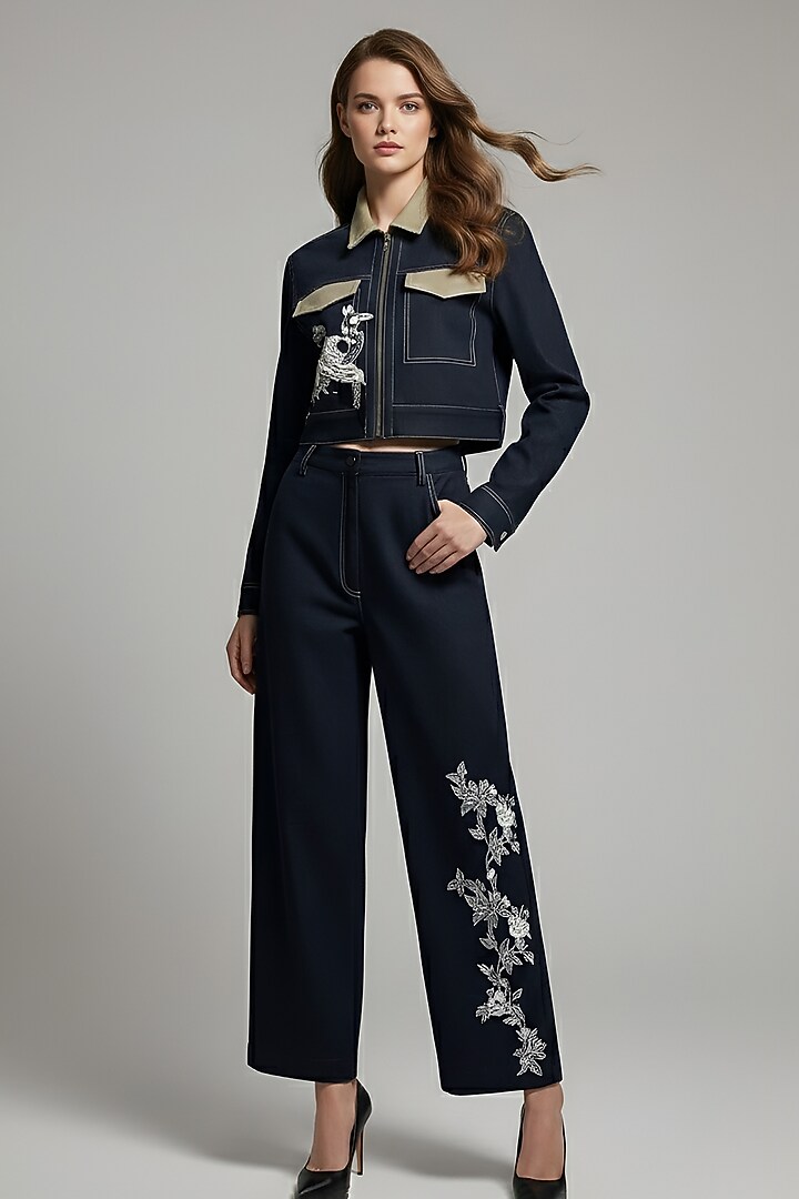 Black Stretch Denim Floral Patch Embroidered Jacket Set by Eshaani Jayaswal at Pernia's Pop Up Shop