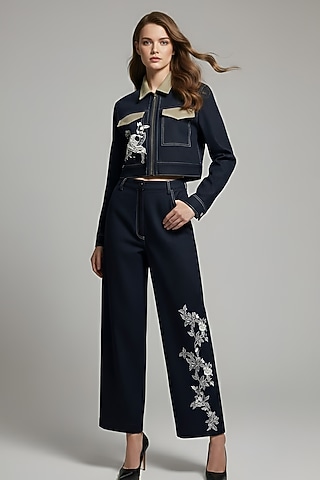 Black Stretch Denim Floral Patch Embroidered Jacket Set by Eshaani Jayaswal