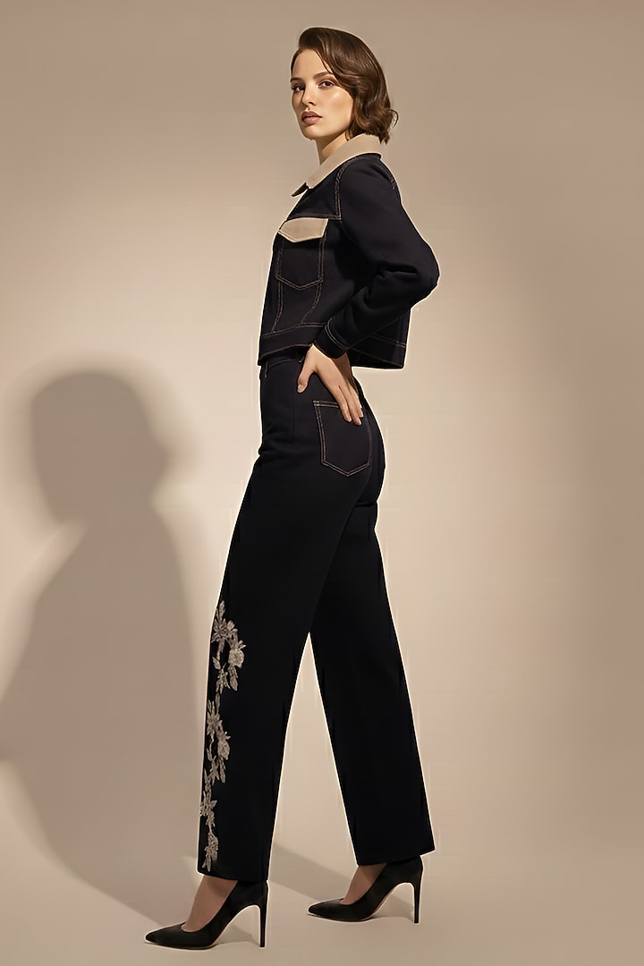 Black Stretch Denim Floral Patch Embroidered Jacket Set by Eshaani Jayaswal at Pernia's Pop Up Shop