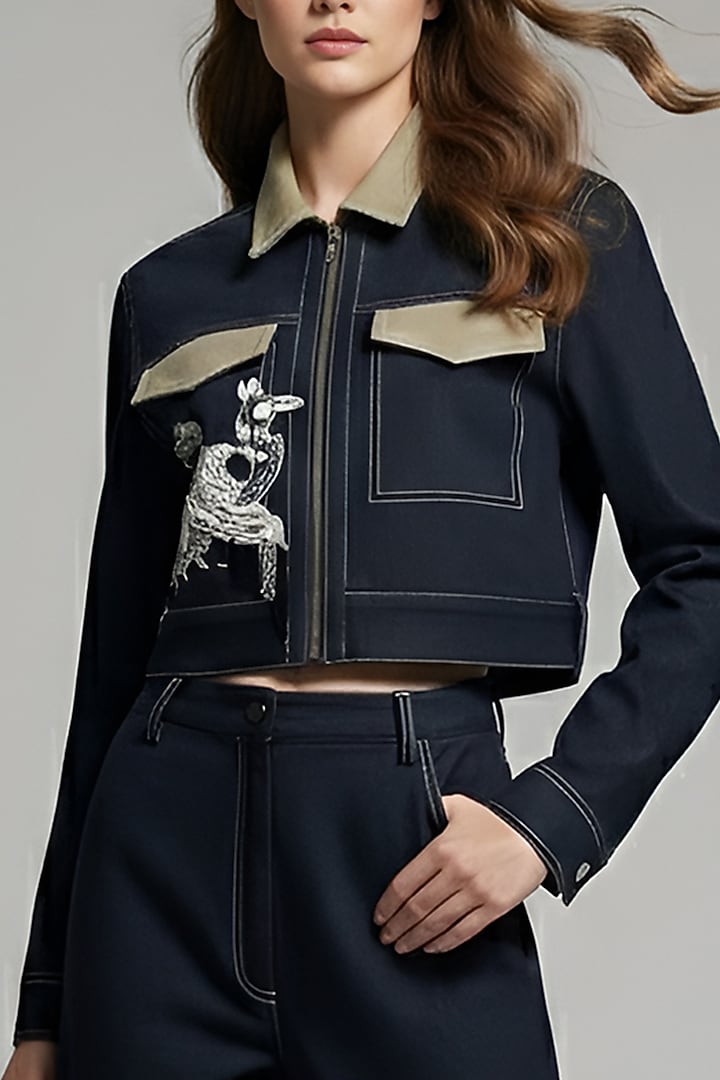 Black Stretch Denim Floral Patch Embroidered Jacket Set by Eshaani Jayaswal at Pernia's Pop Up Shop