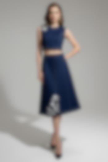 Dark Blue Stretch Denim Floral Patch Embroidered A-Line Skirt Set by Eshaani Jayaswal at Pernia's Pop Up Shop