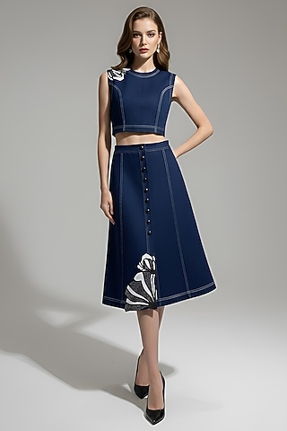 Dark Blue Stretch Denim Floral Patch Embroidered A-Line Skirt Set by Eshaani Jayaswal