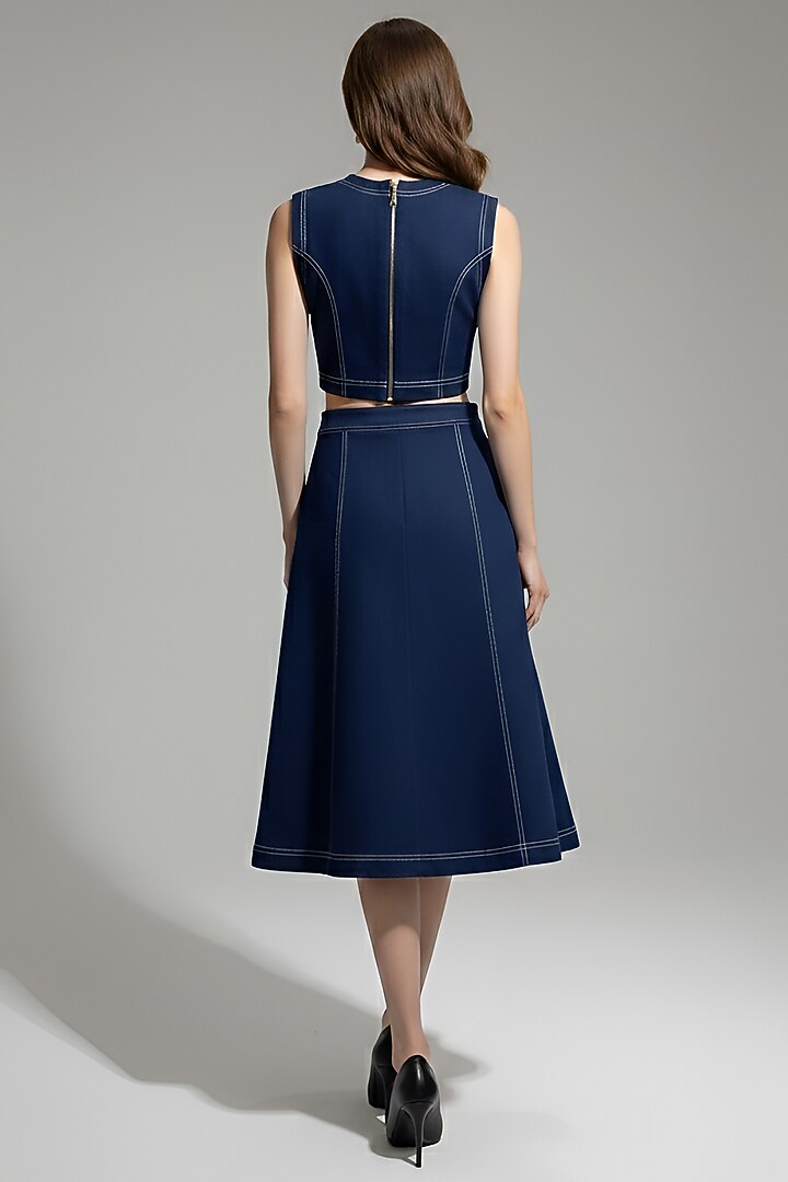 Dark Blue Stretch Denim Floral Patch Embroidered A-Line Skirt Set by Eshaani Jayaswal at Pernia's Pop Up Shop