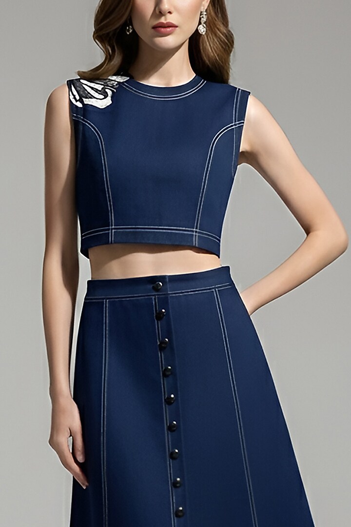 Dark Blue Stretch Denim Floral Patch Embroidered A-Line Skirt Set by Eshaani Jayaswal at Pernia's Pop Up Shop