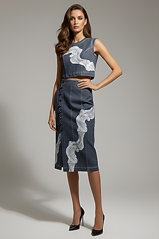 Grey Stretch Denim Pencil Midi Skirt Set by Eshaani Jayaswal