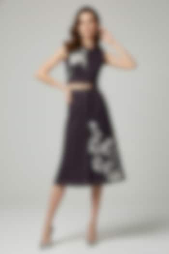Wine Stretch Denim Floral Patch Embroidered Pencil Midi Skirt Set by Eshaani Jayaswal at Pernia's Pop Up Shop