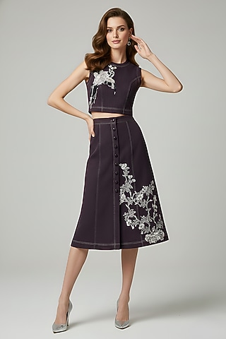 Wine Stretch Denim Floral Patch Embroidered Pencil Midi Skirt Set by Eshaani Jayaswal