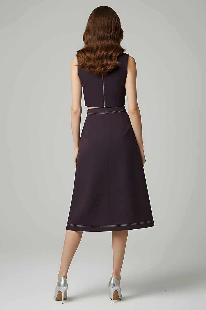 Wine Stretch Denim Floral Patch Embroidered Pencil Midi Skirt Set by Eshaani Jayaswal at Pernia's Pop Up Shop