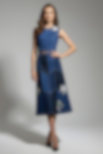 Dark Blue Stretch Denim Floral Patch Embroidered A-Line Midi Skirt Set by Eshaani Jayaswal at Pernia's Pop Up Shop
