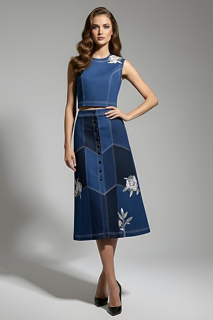 Dark Blue Stretch Denim Floral Patch Embroidered A-Line Midi Skirt Set by Eshaani Jayaswal at Pernia's Pop Up Shop