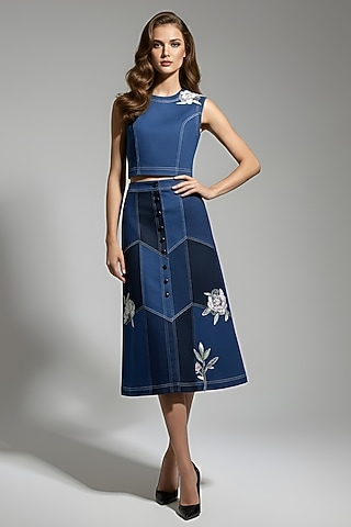 Dark Blue Stretch Denim Floral Patch Embroidered A-Line Midi Skirt Set by Eshaani Jayaswal