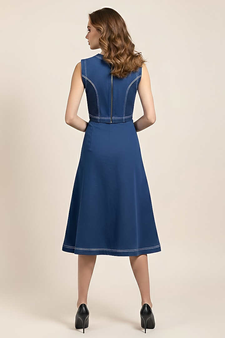 Dark Blue Stretch Denim Floral Patch Embroidered A-Line Midi Skirt Set by Eshaani Jayaswal at Pernia's Pop Up Shop