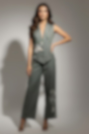 Olive Cotton Printed & Embroidered Co-Ord Set by Eshaani Jayaswal at Pernia's Pop Up Shop