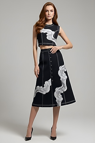 Black Stretch Denim A-Line Midi Skirt Set by Eshaani Jayaswal