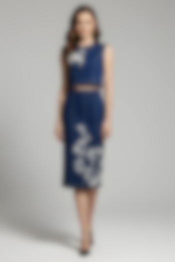 Navy Stretch Denim Printed & Embroidered Pencil Midi Skirt Set by Eshaani Jayaswal at Pernia's Pop Up Shop