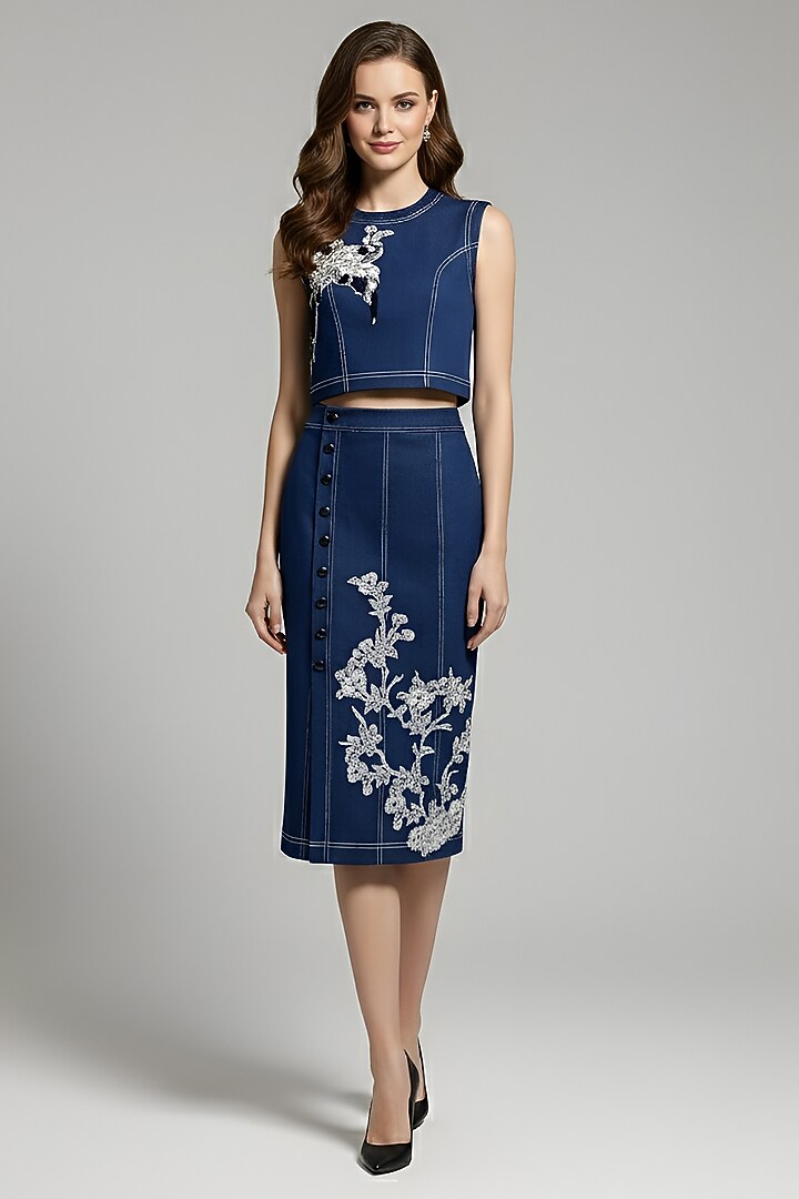 Navy Stretch Denim Printed & Embroidered Pencil Midi Skirt Set by Eshaani Jayaswal at Pernia's Pop Up Shop