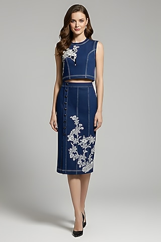 Navy Stretch Denim Printed & Embroidered Pencil Midi Skirt Set by Eshaani Jayaswal