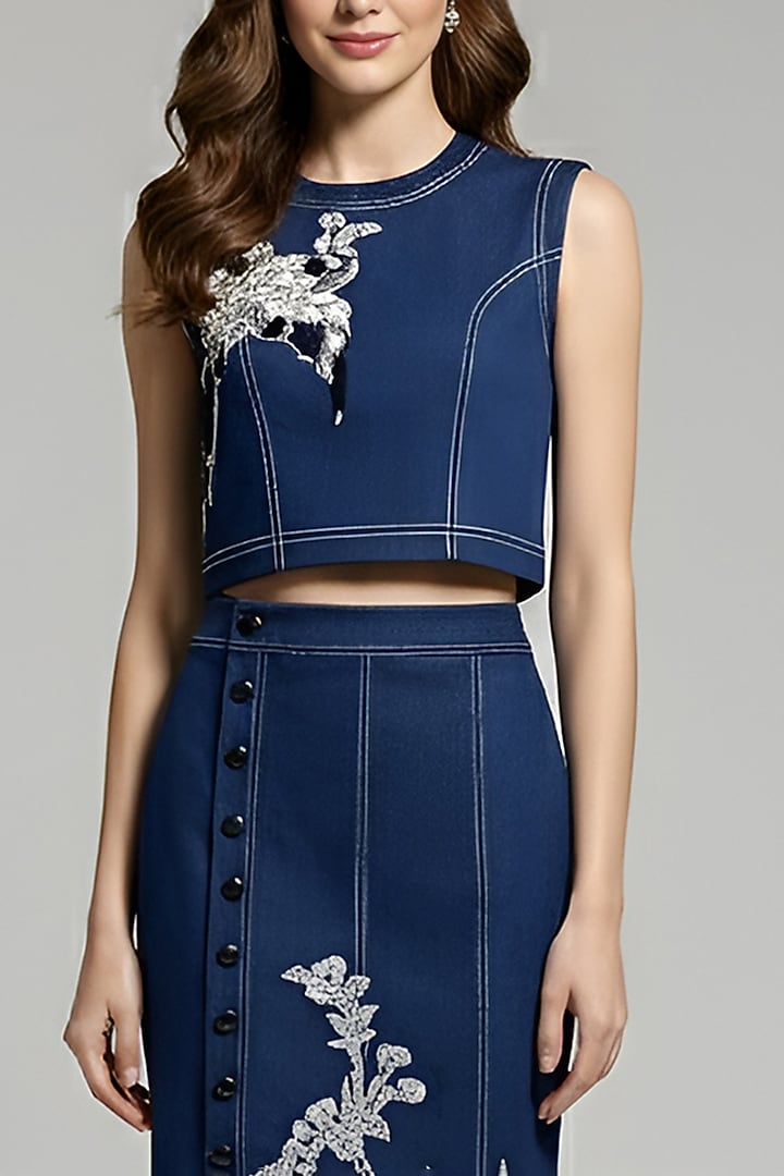 Navy Stretch Denim Printed & Embroidered Pencil Midi Skirt Set by Eshaani Jayaswal at Pernia's Pop Up Shop