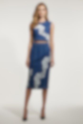 Blue Stretch Denim A-Line Midi Skirt Set by Eshaani Jayaswal at Pernia's Pop Up Shop
