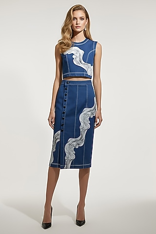 Blue Stretch Denim A-Line Midi Skirt Set by Eshaani Jayaswal