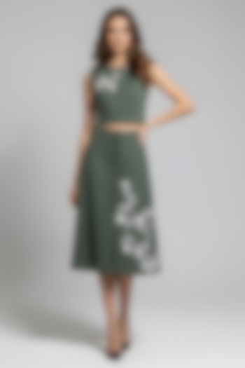 Olive Stretch Denim Embroidered A-Line Midi Skirt Set by Eshaani Jayaswal at Pernia's Pop Up Shop
