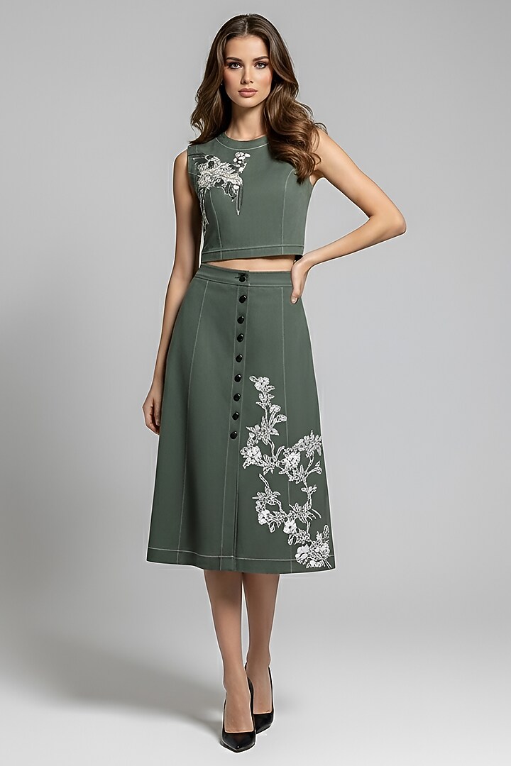 Olive Stretch Denim Embroidered A-Line Midi Skirt Set by Eshaani Jayaswal at Pernia's Pop Up Shop