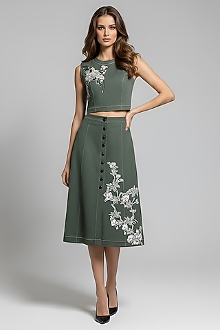 Olive Green Stretch Denim Printed A-Line Midi Skirt Set by Eshaani Jayaswal