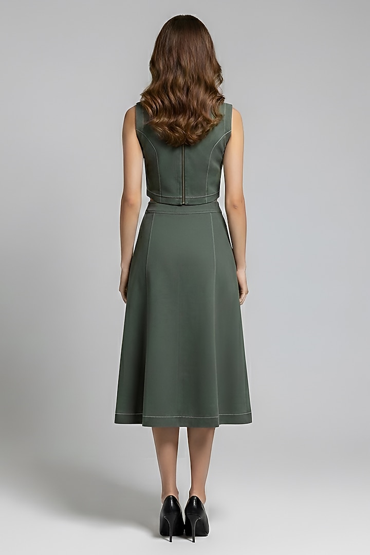 Olive Green Stretch Denim Printed A-Line Midi Skirt Set by Eshaani Jayaswal at Pernia's Pop Up Shop