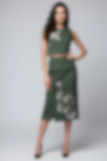 Olive Stretch Denim Printed & Embroidered Pencil Midi Skirt Set by Eshaani Jayaswal at Pernia's Pop Up Shop