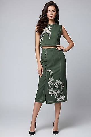 Olive Stretch Denim Printed & Embroidered Pencil Midi Skirt Set by Eshaani Jayaswal