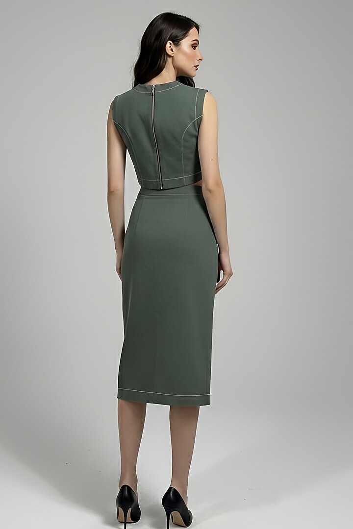 Olive Stretch Denim Printed & Embroidered Pencil Midi Skirt Set by Eshaani Jayaswal at Pernia's Pop Up Shop