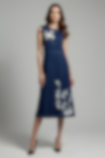 Navy Stretch Denim Printed & Embroidered A-Line Midi Cocktail Dress by Eshaani Jayaswal at Pernia's Pop Up Shop