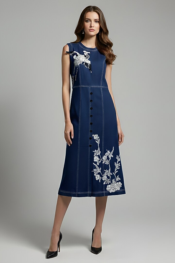 Navy Stretch Denim Printed & Embroidered A-Line Midi Cocktail Dress by Eshaani Jayaswal at Pernia's Pop Up Shop