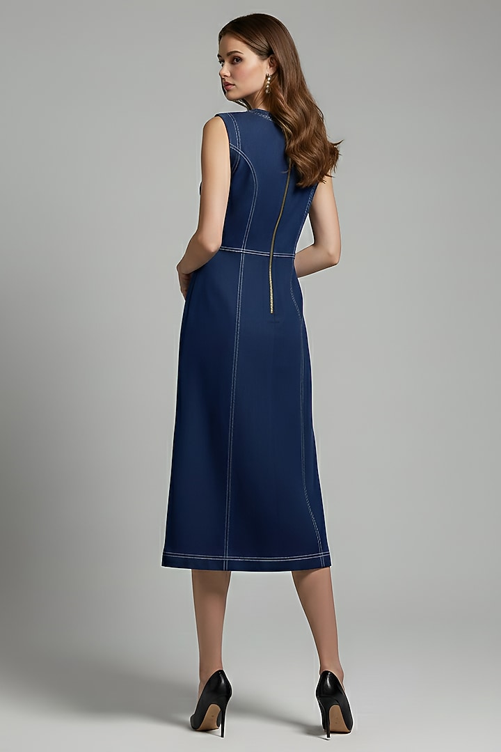 Navy Stretch Denim Printed & Embroidered A-Line Midi Cocktail Dress by Eshaani Jayaswal at Pernia's Pop Up Shop