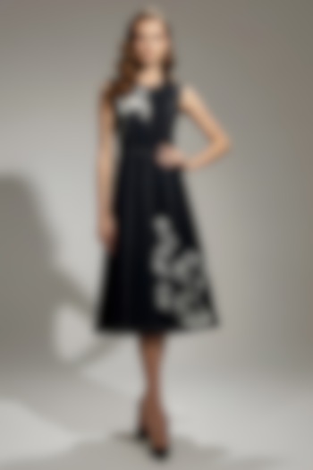 Black Stretch Denim Printed & Embroidered A-Line Midi Cocktail Dress by Eshaani Jayaswal at Pernia's Pop Up Shop